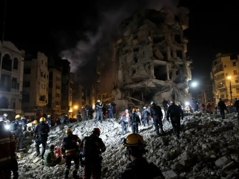 Rescue workers searching rubble in Beirut after airstrike.