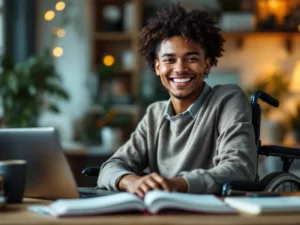 Smiling person in wheelchair with books and laptop.