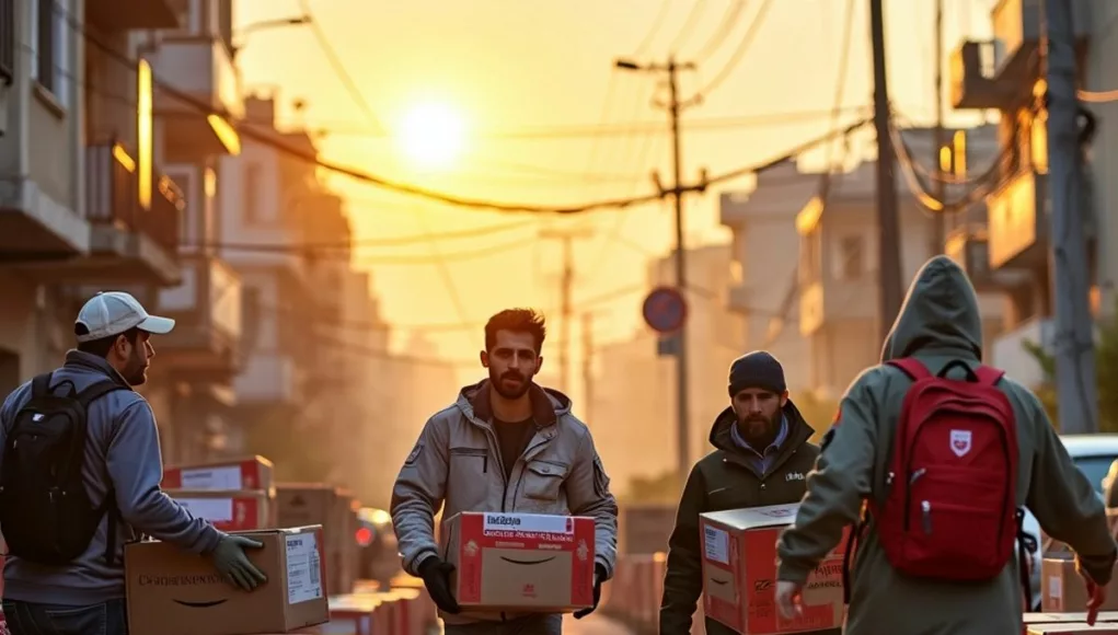 Aid workers distributing relief supplies in Lebanon.