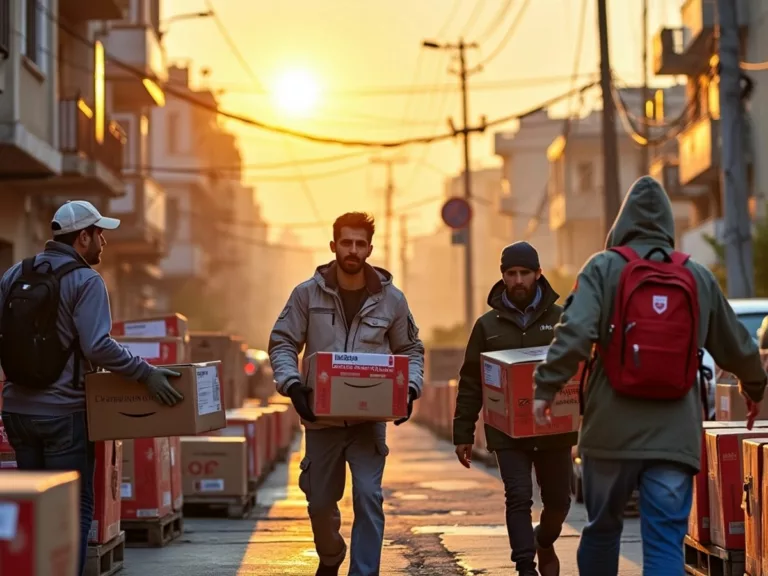 Aid workers distributing relief supplies in Lebanon.