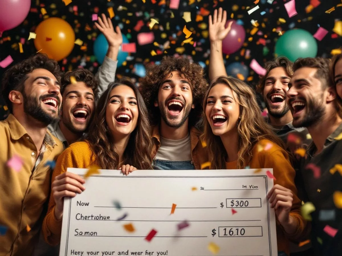 Group of friends celebrating a big lottery win.