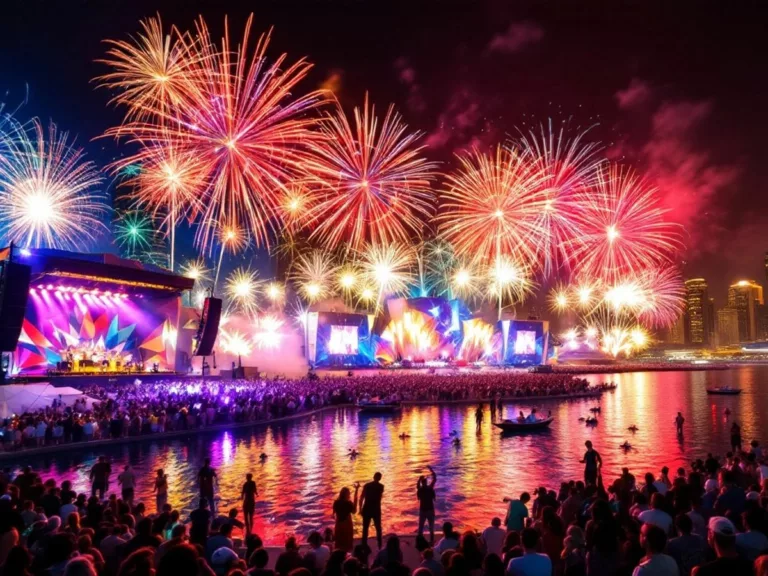 Dubai skyline with fireworks and concert crowd at night.