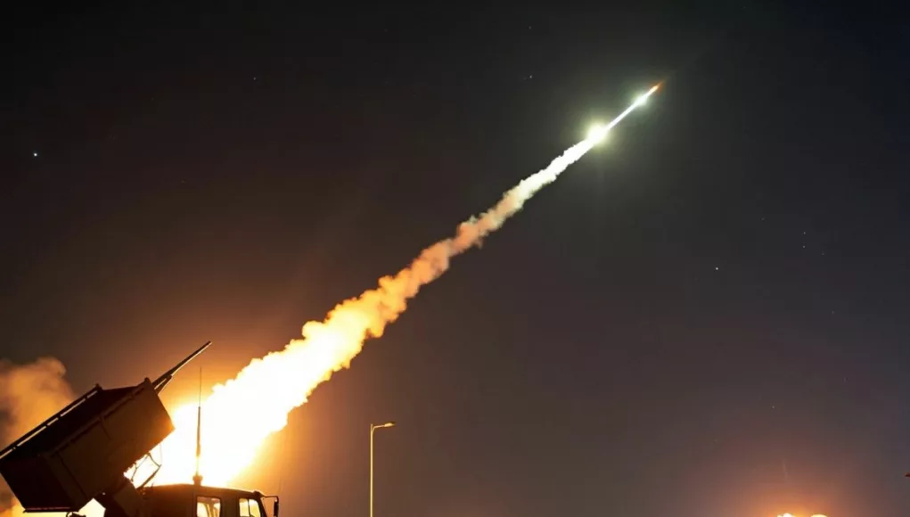 Syrian air defense system intercepting missiles at night.