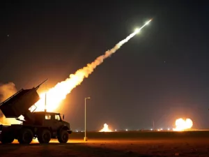 Syrian air defense system intercepting missiles at night.