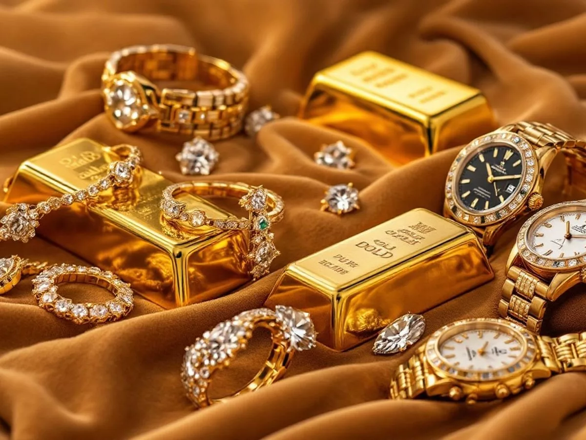 Gold, diamonds, and luxury watches on a velvet background.