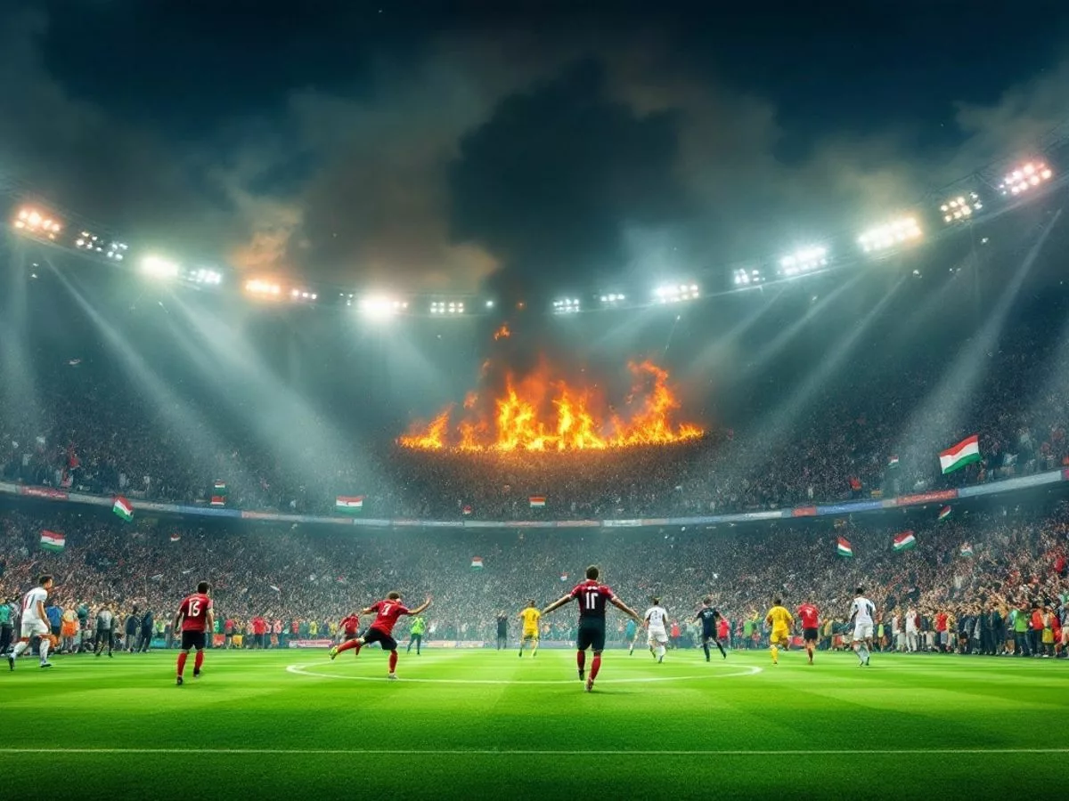 Soccer players on field with diverse fans in background.