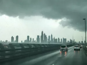 Rainy cityscape of Abu Dhabi with wet roads.