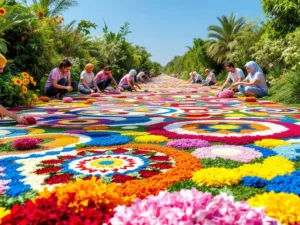 Health workers creating a large floral carpet in UAE.