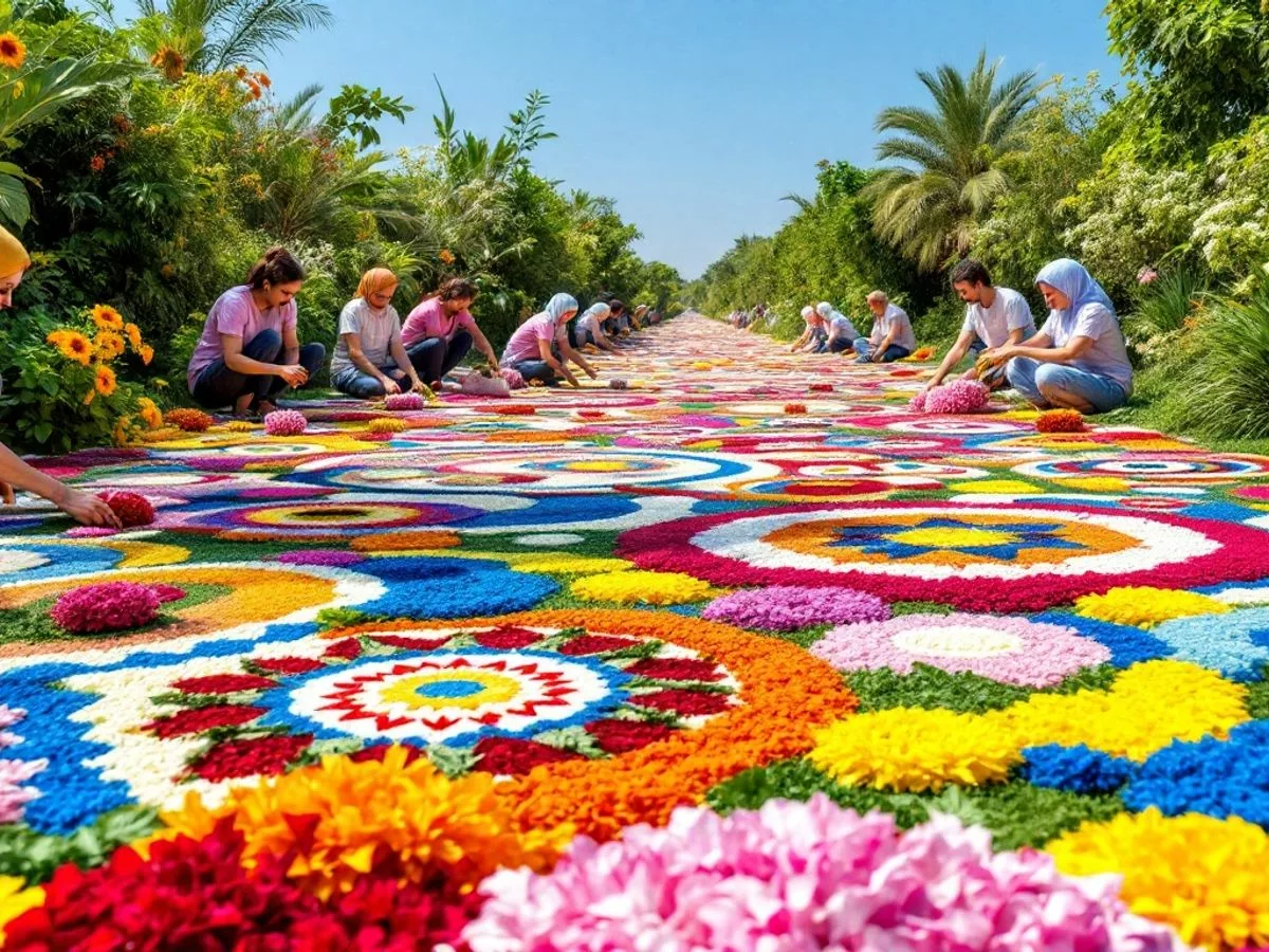 Health workers creating a large floral carpet in UAE.