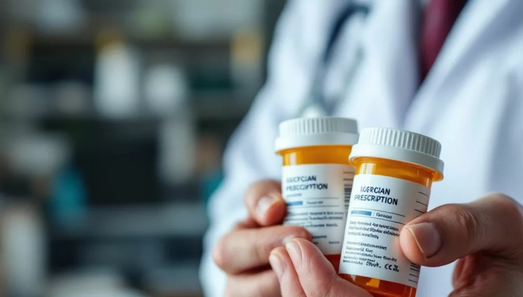 Doctor's hand with prescription bottles in a medical office.