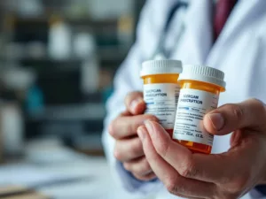 Doctor's hand with prescription bottles in a medical office.