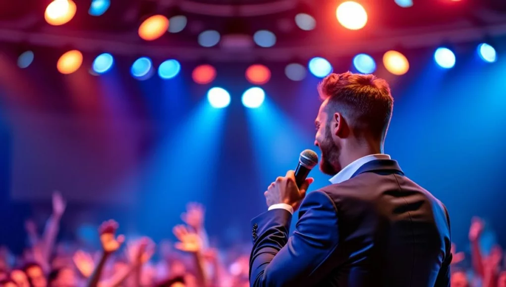 Comedy stage with microphone and lively audience in Abu Dhabi.