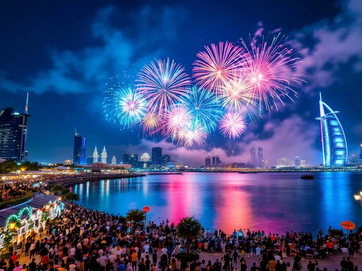 Fireworks over Abu Dhabi skyline during New Year's Eve celebration.