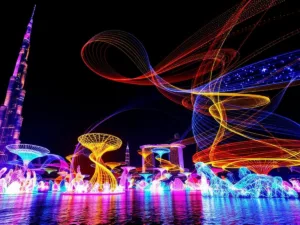 Colorful light installations illuminate Abu Dhabi's night sky.