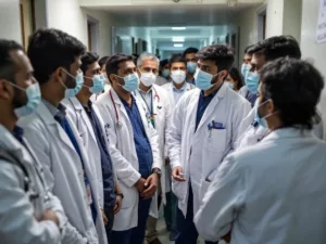 Junior doctors in Kolkata discussing safety concerns in hospital.