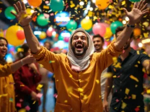 UAE worker celebrating lottery win with confetti and balloons.