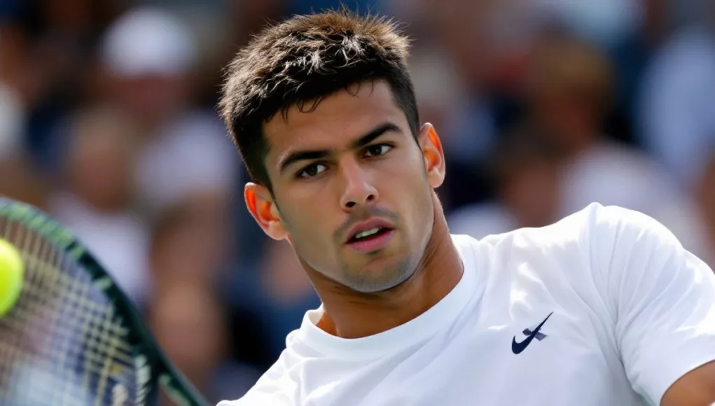 Carlos Alcaraz playing tennis with intense focus.