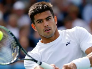 Carlos Alcaraz playing tennis with intense focus.