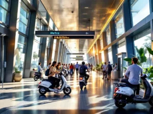 Metro riders using e-scooters at a Dubai station.