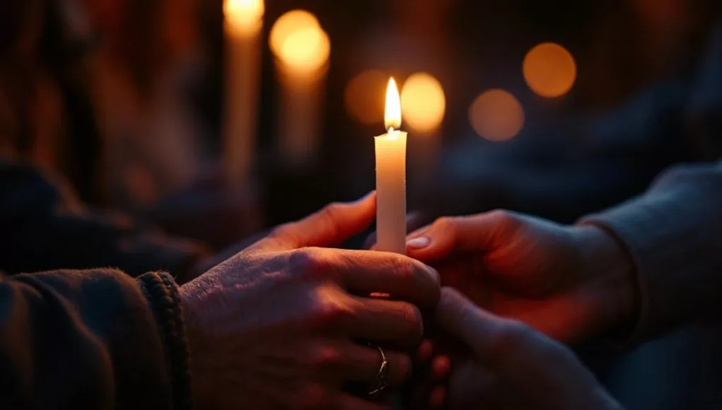 Candlelit vigil with people holding hands in unity.