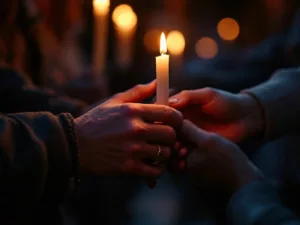 Candlelit vigil with people holding hands in unity.