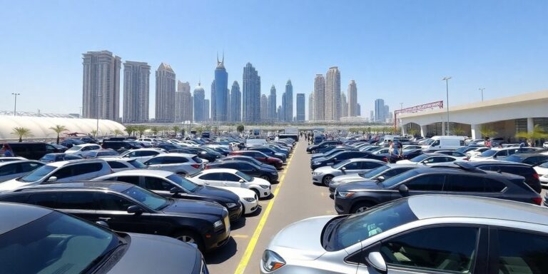 Dubai parking lot filled with cars near iconic skyscrapers.