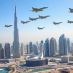 Dubai skyline with military aircraft flying above.