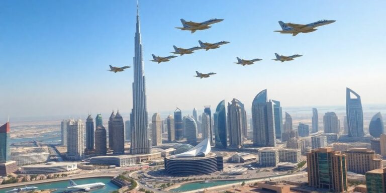 Dubai skyline with military aircraft flying above.