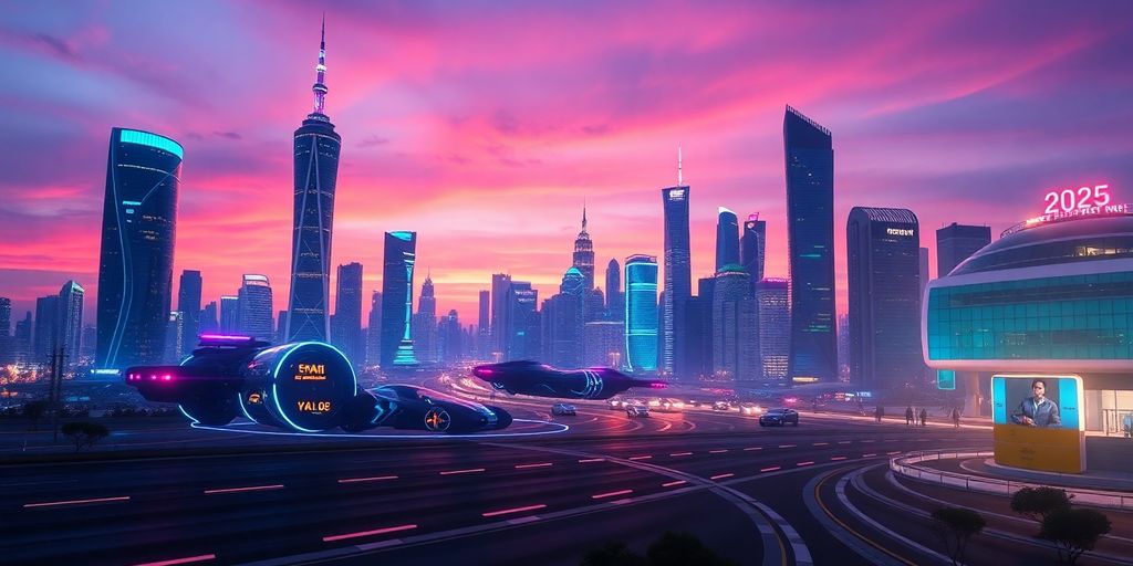 Futuristic city with flying cars and neon-lit buildings.