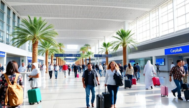 Travelers maneuvering through Dubai International Airport terminal.