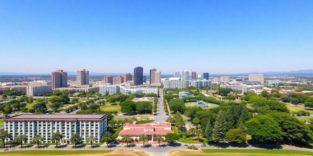 Irvine skyline with modern homes and green parks.