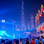 Crowd enjoying a vibrant Dubai event with skyline backdrop.