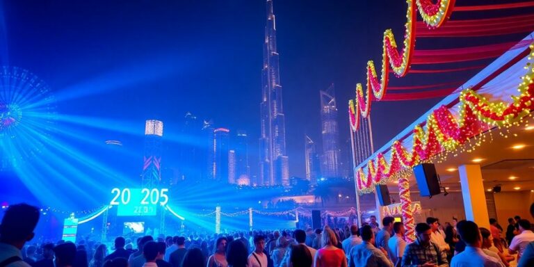 Crowd enjoying a vibrant Dubai event with skyline backdrop.