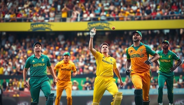 Australian and South African cricketers in vibrant match action.