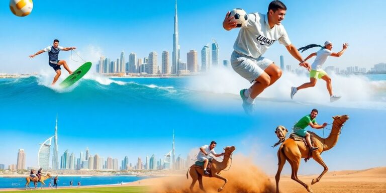 Athletes diverse sports activities in Dubai's vibrant landscape.