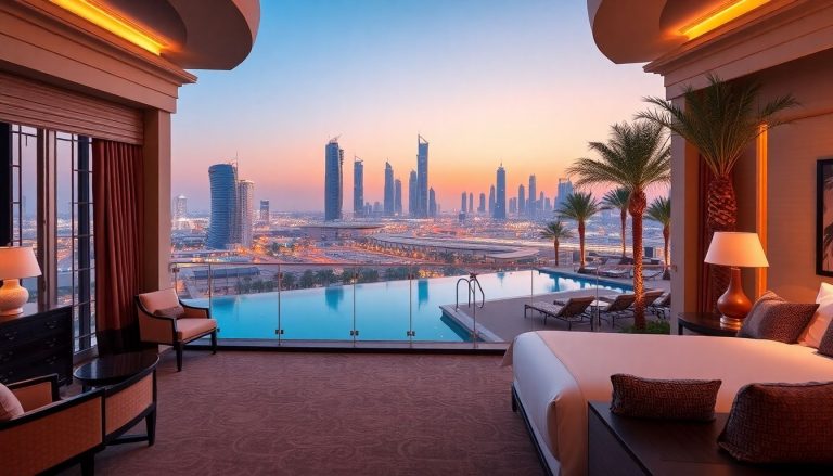 Luxurious hotel suite with Dubai skyline at sunset.