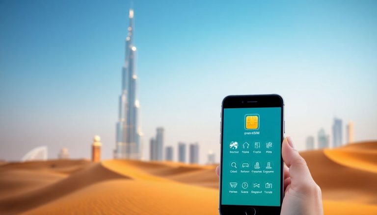 Smartphone with eSIM interface and UAE landmarks background.