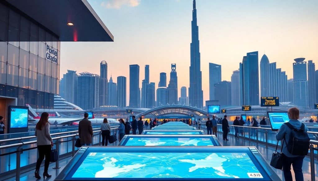 Dubai skyline with travelers using digital technology at airport.