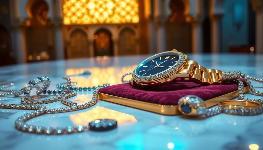 Gold watch and diamond jewelry on marble beneath Arabic motifs