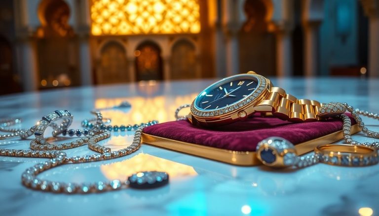 Gold watch and diamond jewelry on marble beneath Arabic motifs