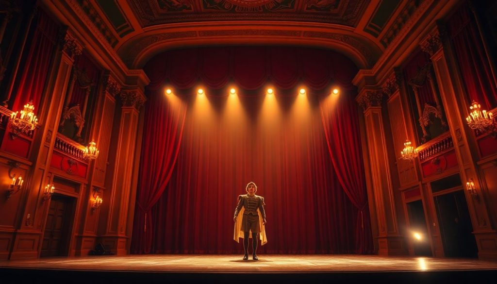Stage spotlighting a performer in a grand theater