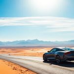 Car on desert road, mountains, blue sky