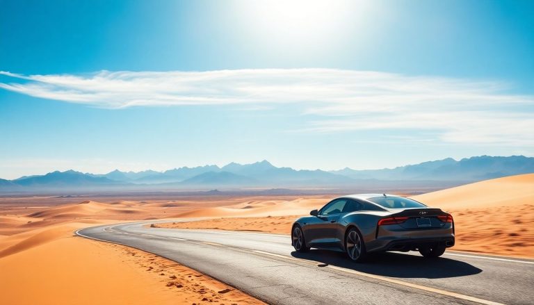 Car on desert road, mountains, blue sky