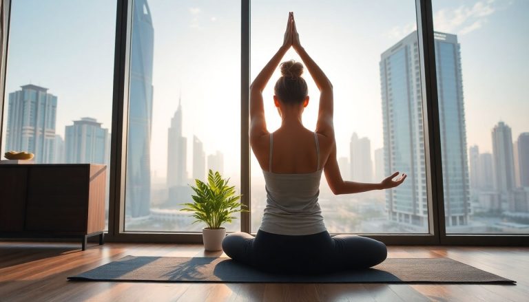 Woman meditating on yoga mat in Dubai.