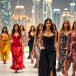 Models on runway, Dubai skyline