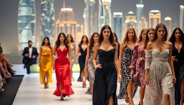 Models on runway, Dubai skyline