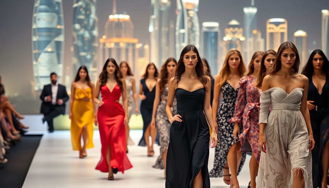 Models on runway, Dubai skyline