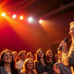Comedians performing, diverse audience laughing