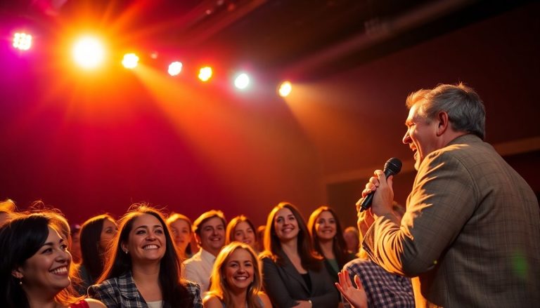 Comedians performing, diverse audience laughing