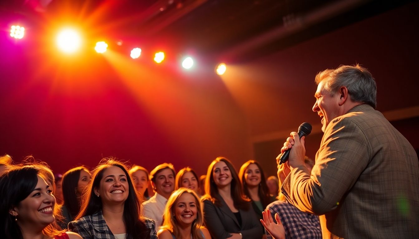 Comedians performing, diverse audience laughing